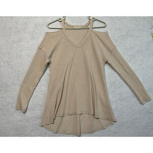 Bear Dance Sweater Womens Small Beige Cold Shoulder Waffle Knit Pullover Top